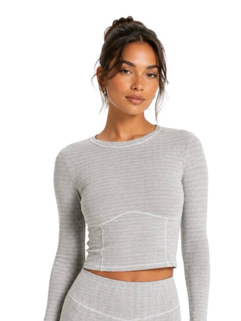 Vuori Pose Long Sleeve Corset Top Heathered Grey Pinstripe Size Small